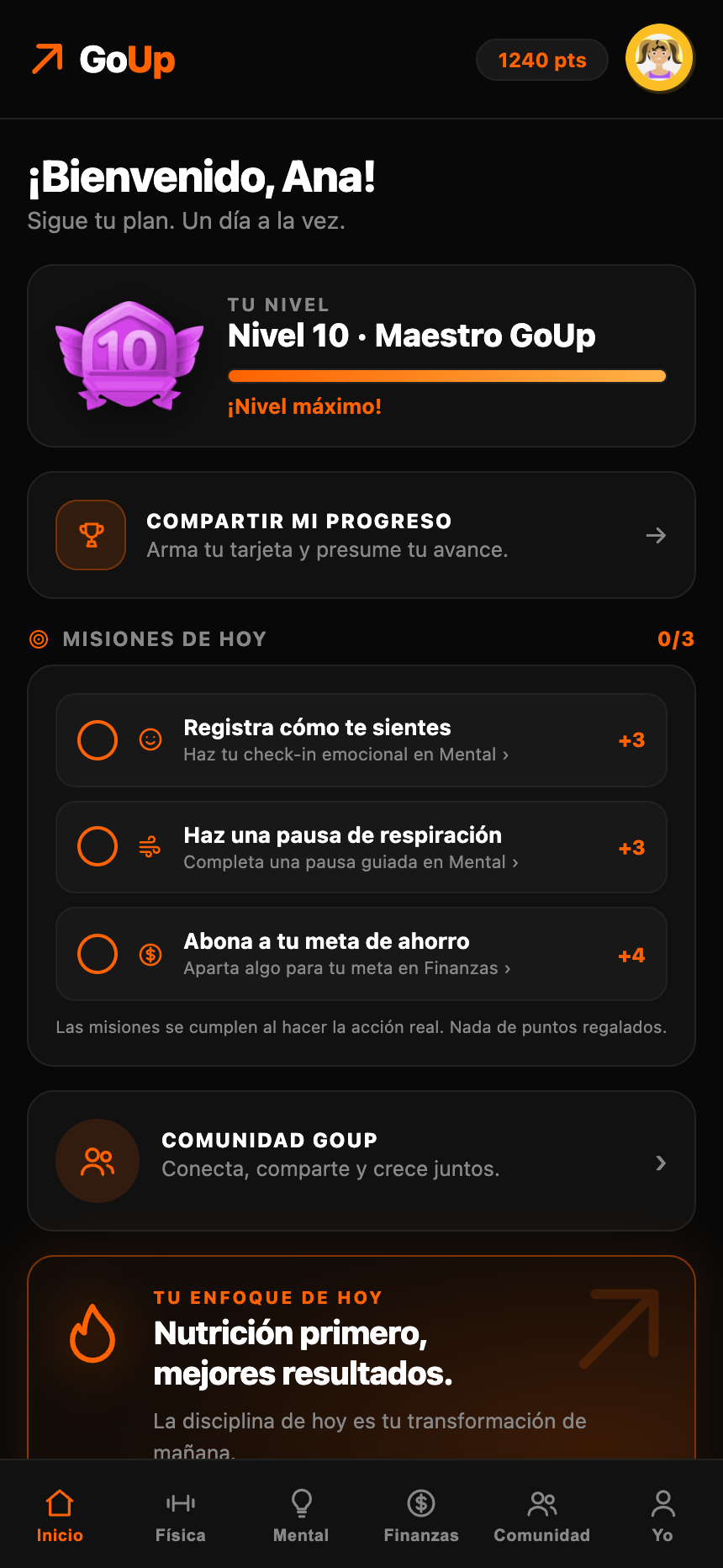 Pantalla de inicio de GoUp con tu nivel, misiones del día y comunidad