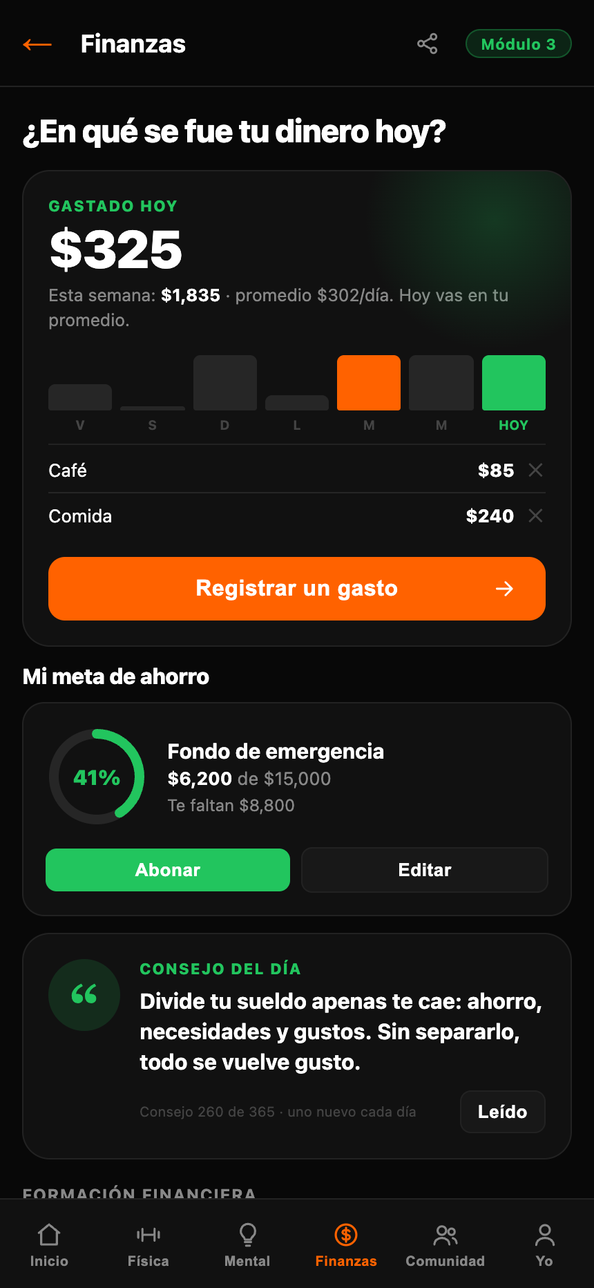 Pantalla Finanzas: gastos de la semana y meta de ahorro