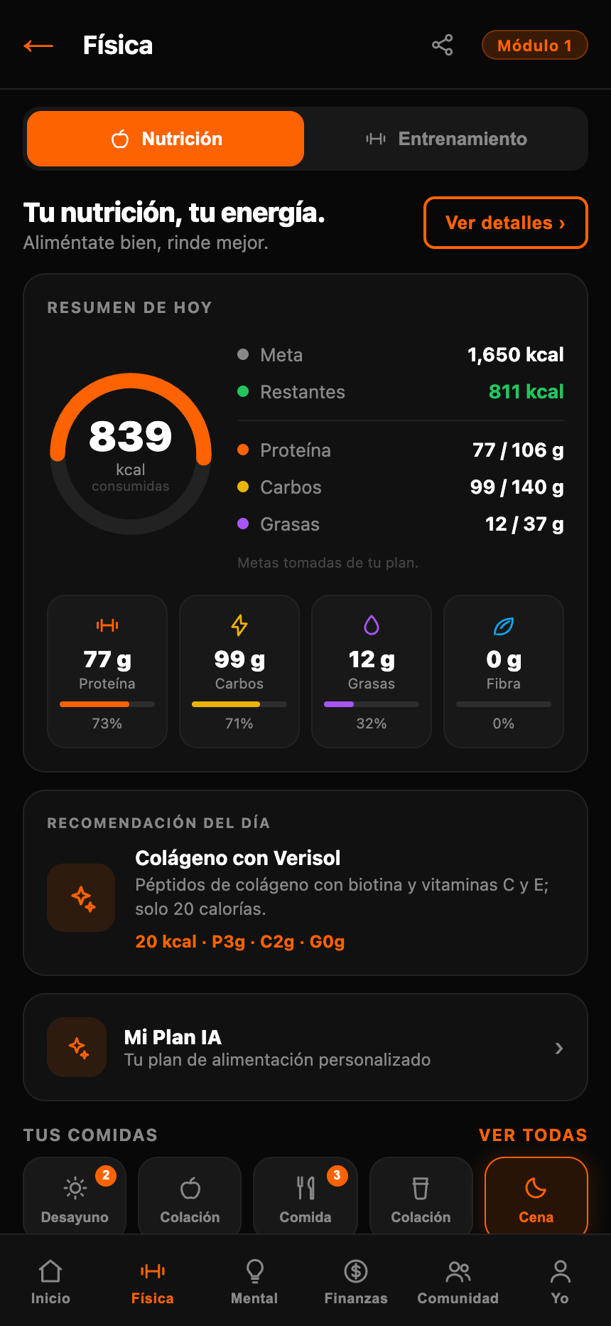 Pantalla Física: resumen de nutrición del día