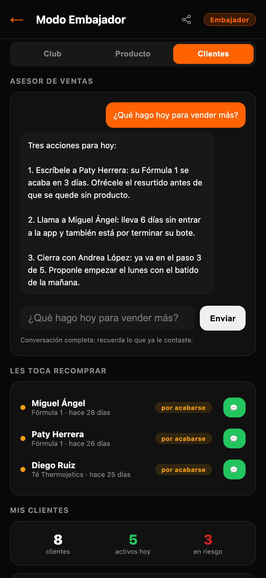 Alertas de recompra y acción del día